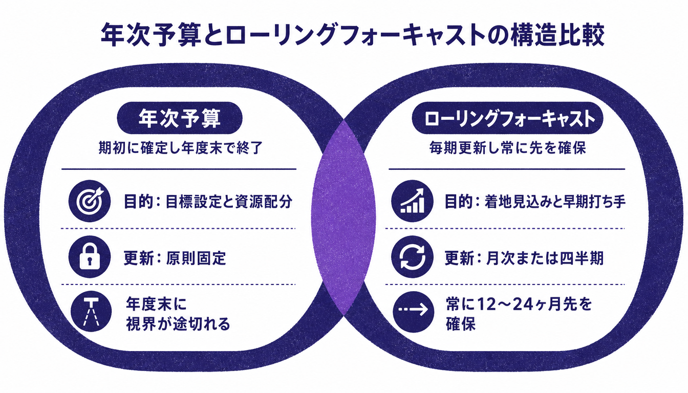 年次予算とローリングフォーキャスト やり方の構造の違いを比較した図