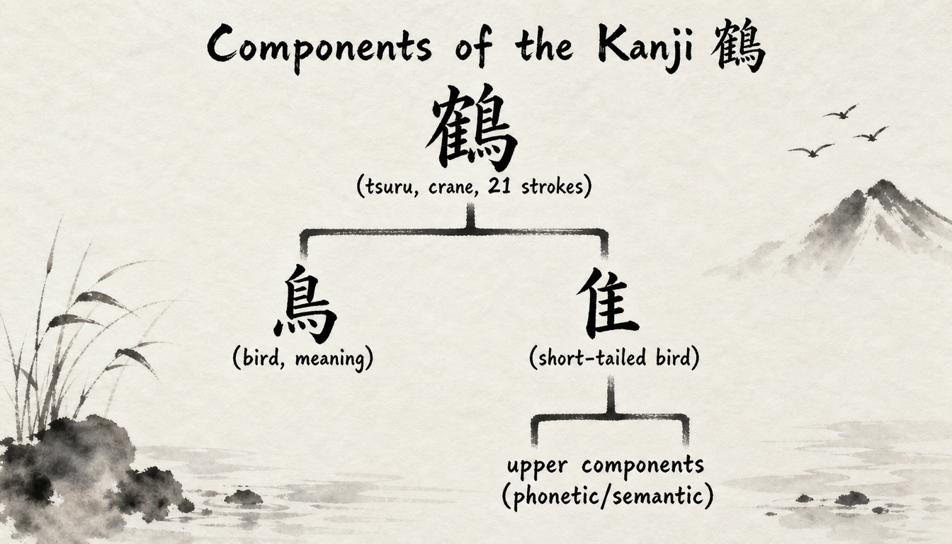 Diagram of tsuru crane kanji components showing the bird radical and structure
