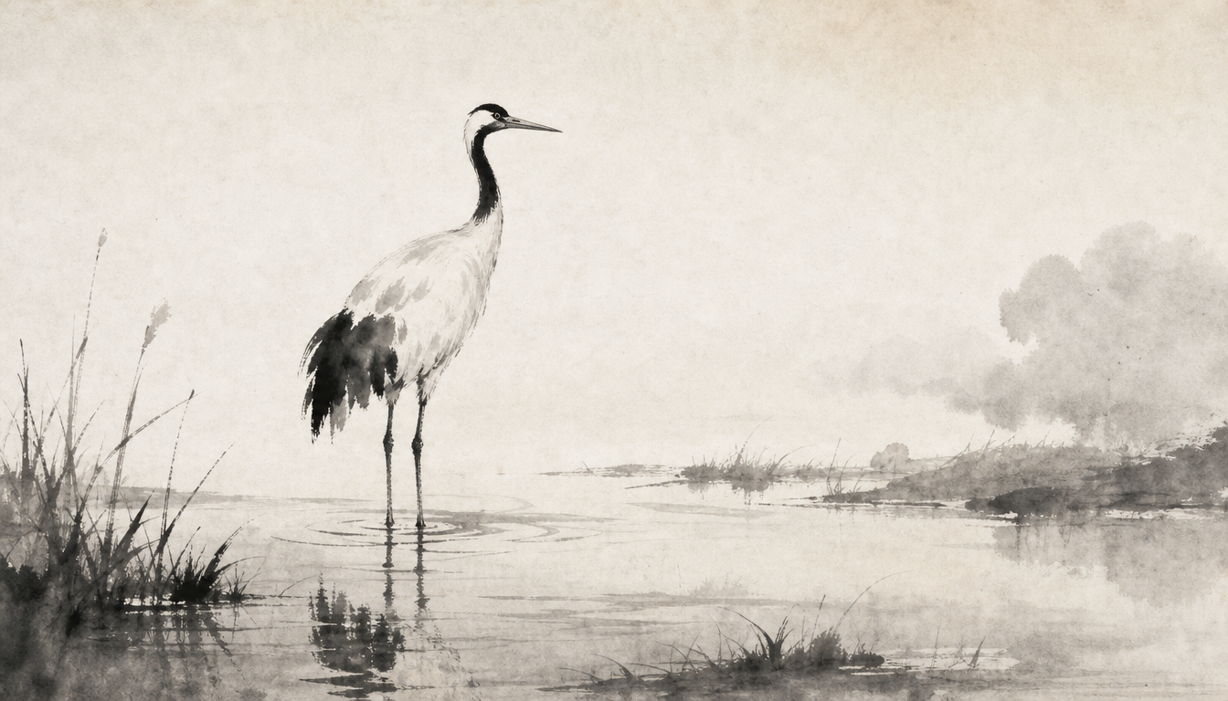 Ink-wash crane illustrating the meaning of the tsuru crane kanji