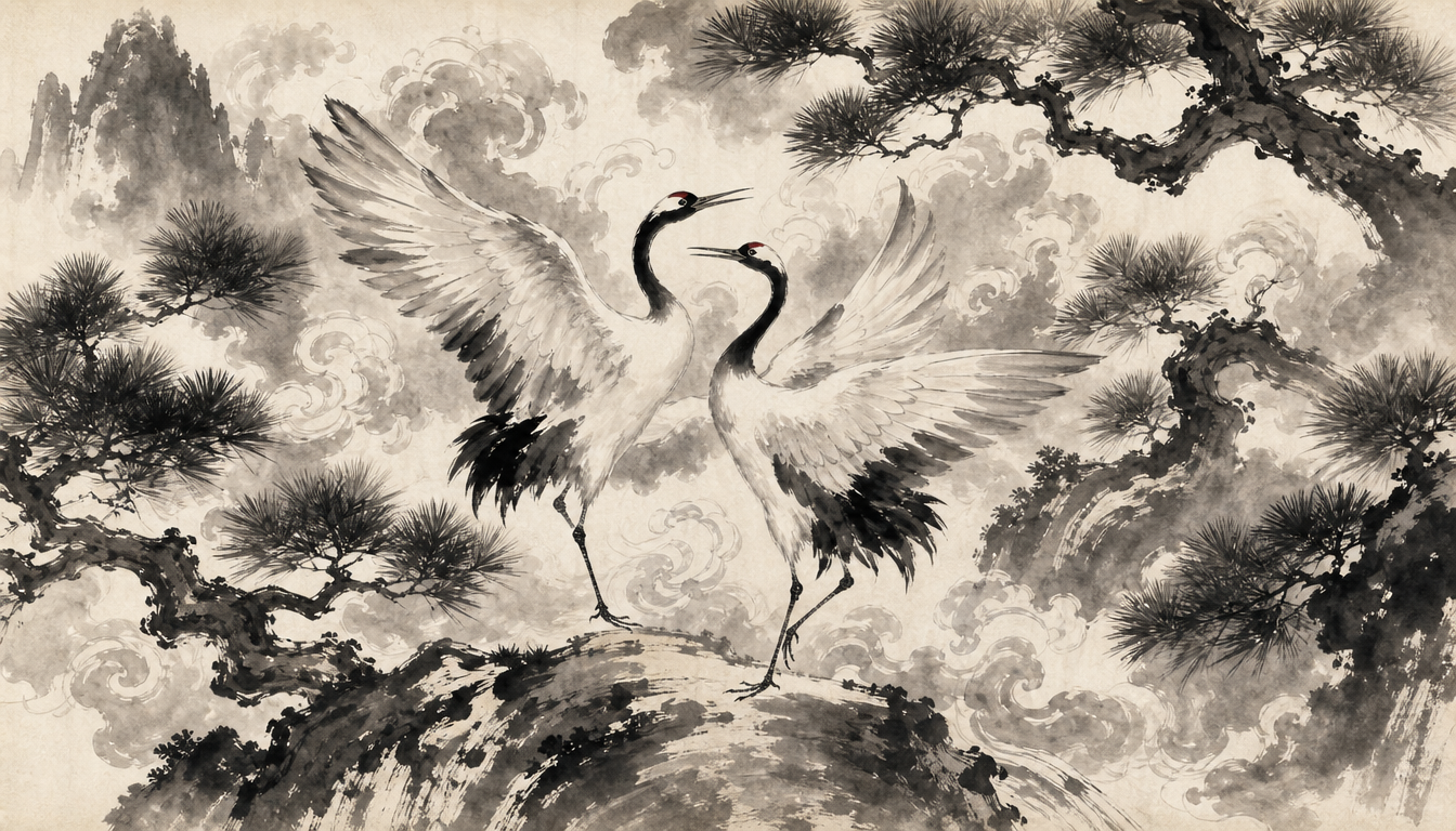 Two dancing cranes symbolizing longevity and fidelity in the tsuru crane kanji tradition