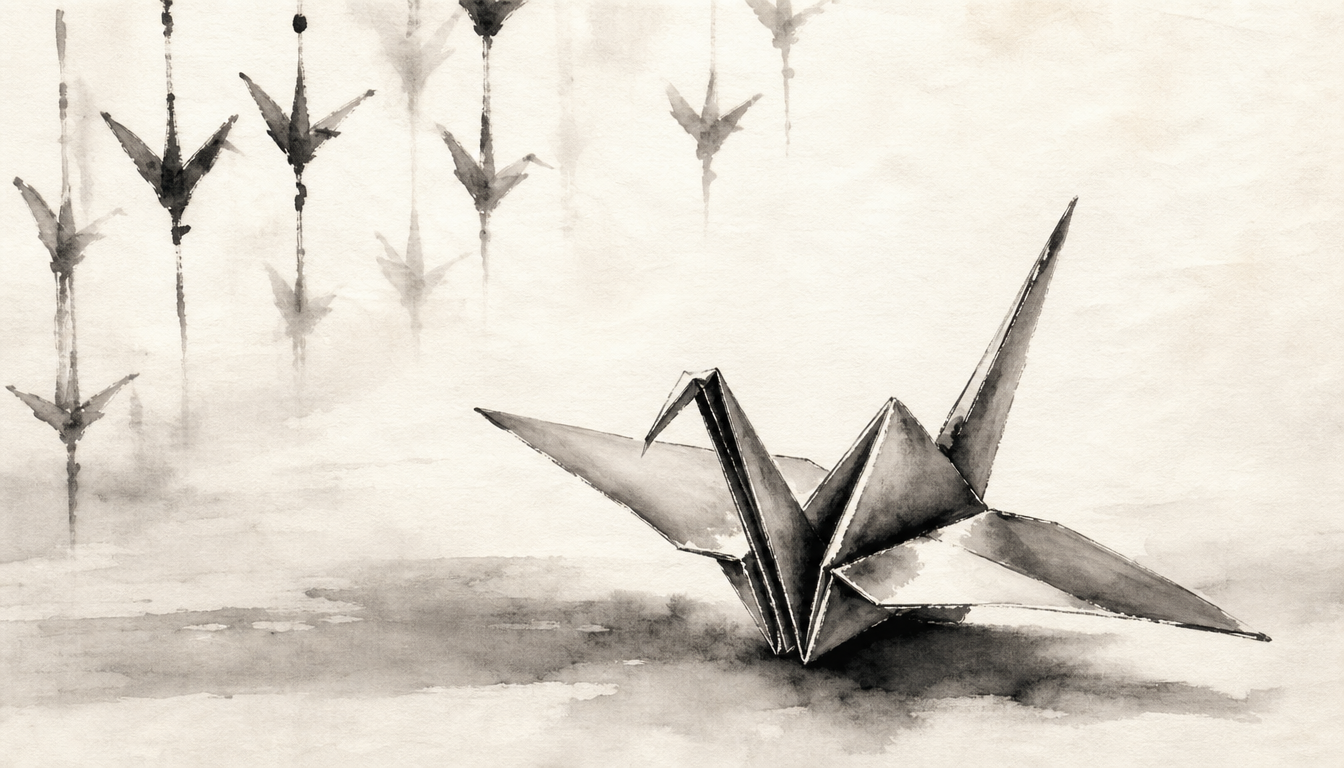 Origami paper crane connected to the tsuru crane kanji and its structure