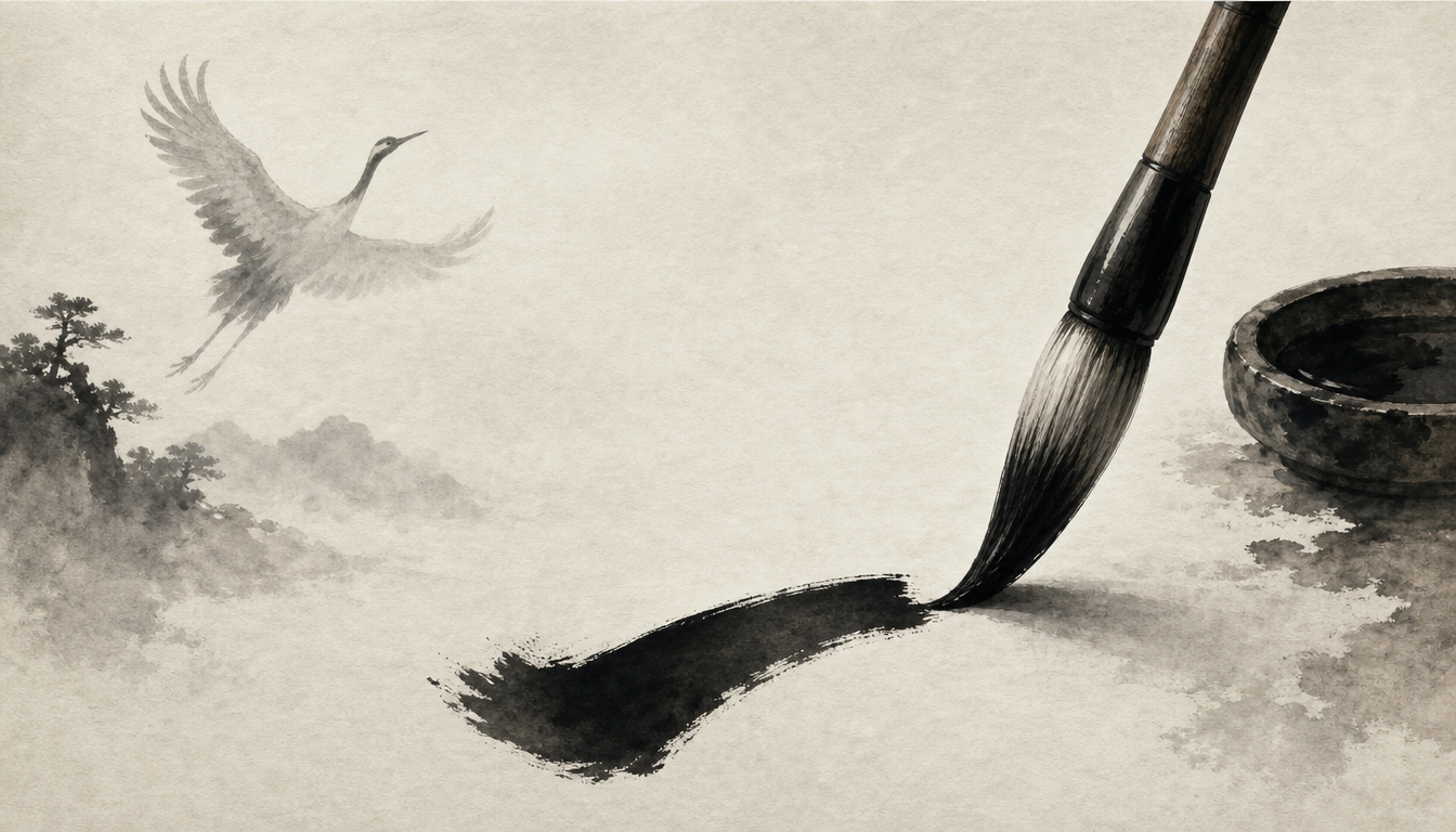 Calligraphy brush writing the readings of the tsuru crane kanji