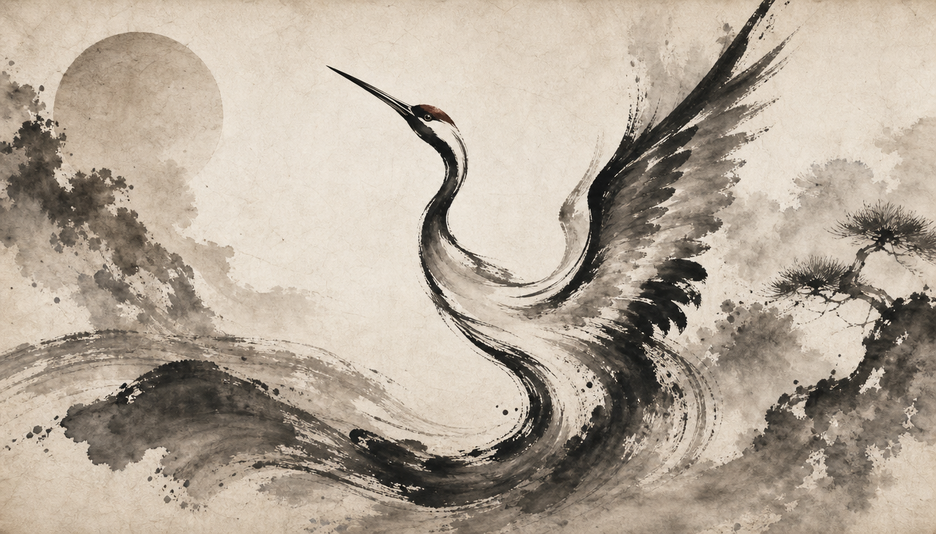 Crane tattoo motif representing the tsuru crane kanji as a personal symbol