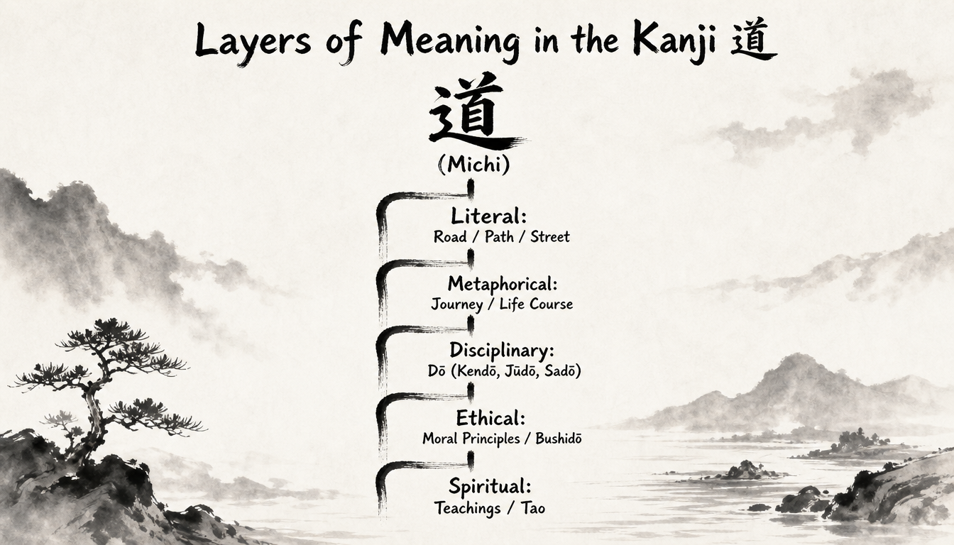 Hierarchy diagram showing the layered meanings of kanji michi from literal to spiritual