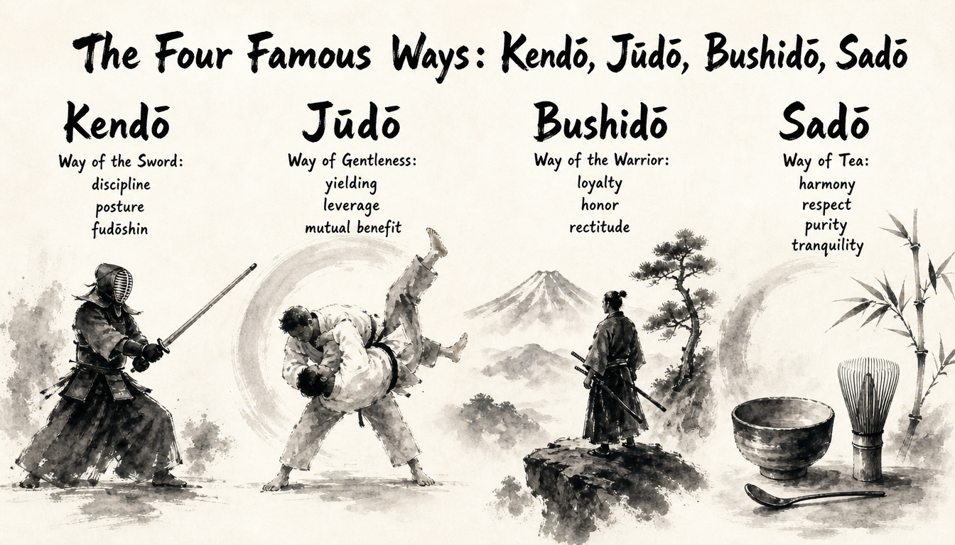 Comparison diagram of four kanji michi compounds: kendo, judo, bushido, and sado