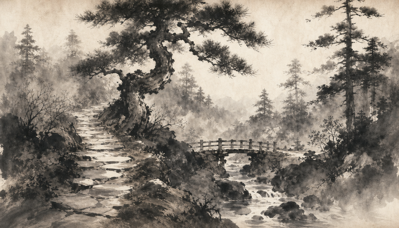 Kanji michi shown as a literal sumi-e painting of a stone path through a pine forest