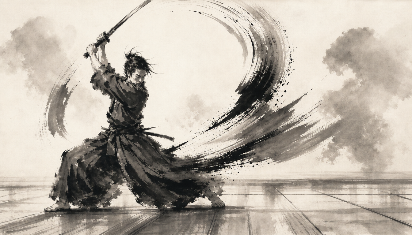 Kanji michi as the Way of the sword shown through a kendo practitioner in sumi-e style