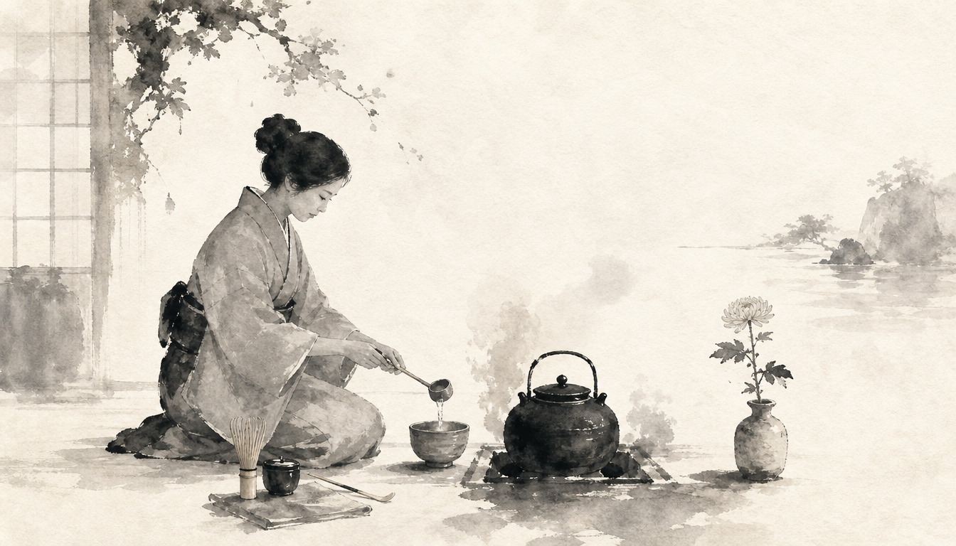 Kanji michi expressed through the Way of Tea in a sumi-e ceremony scene