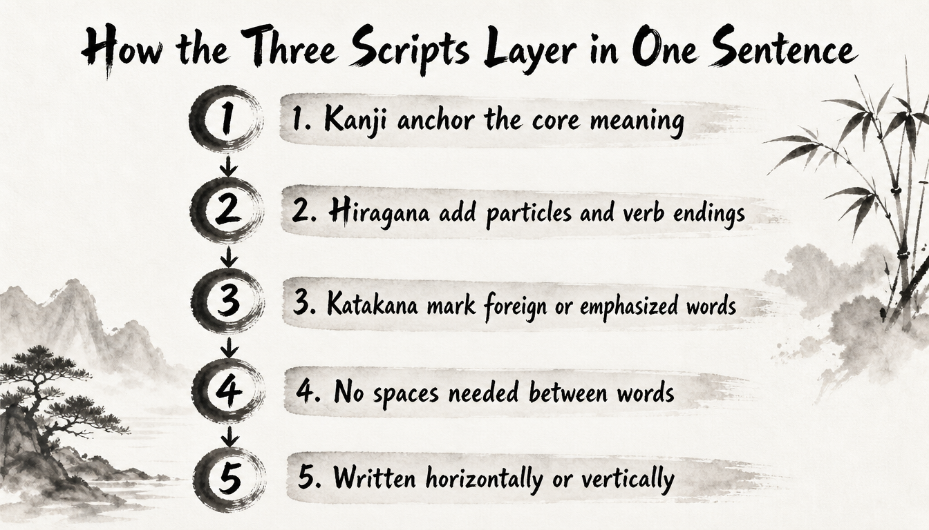 Process diagram showing how japanese writing systems combine in a sentence
