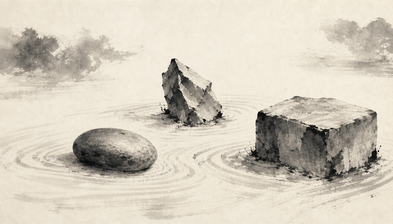 Three contrasting stones representing the three japanese writing systems