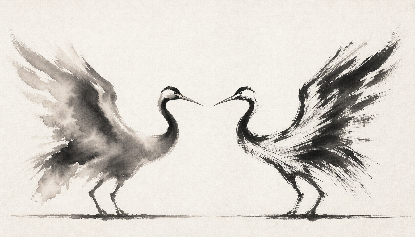 Mirrored cranes illustrating hiragana and katakana in the japanese writing systems