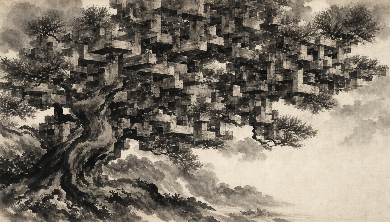 Dense block-branched pine symbolizing kanji within the japanese writing systems