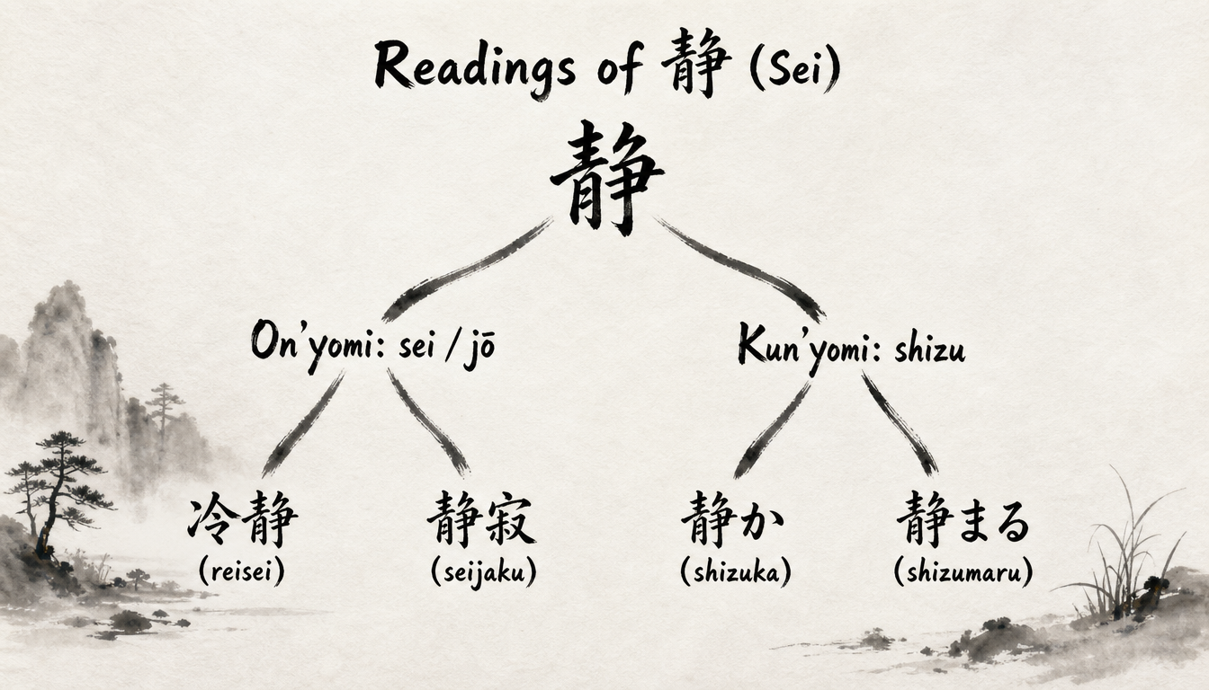 Hierarchy diagram of kanji sei readings and example compound words