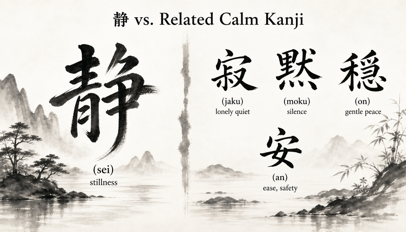 Comparison of kanji sei with related kanji for quiet and peace