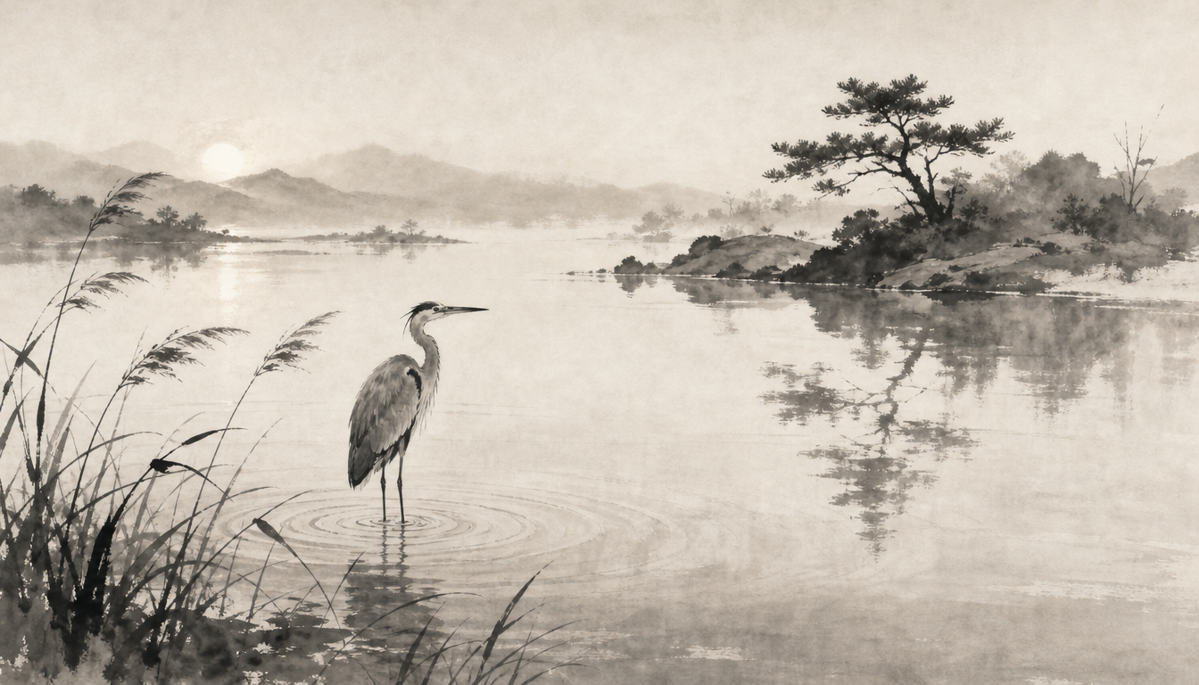 Sumi-e heron in still pond illustrating the kanji sei meaning of stillness