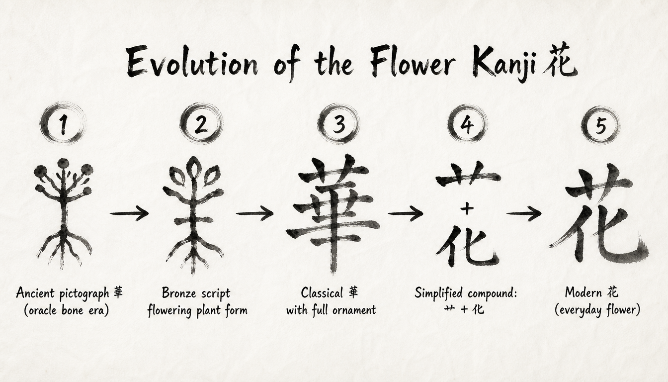 Process diagram showing evolution of kanji hana, the flower kanji, illustrating hana meaning through time