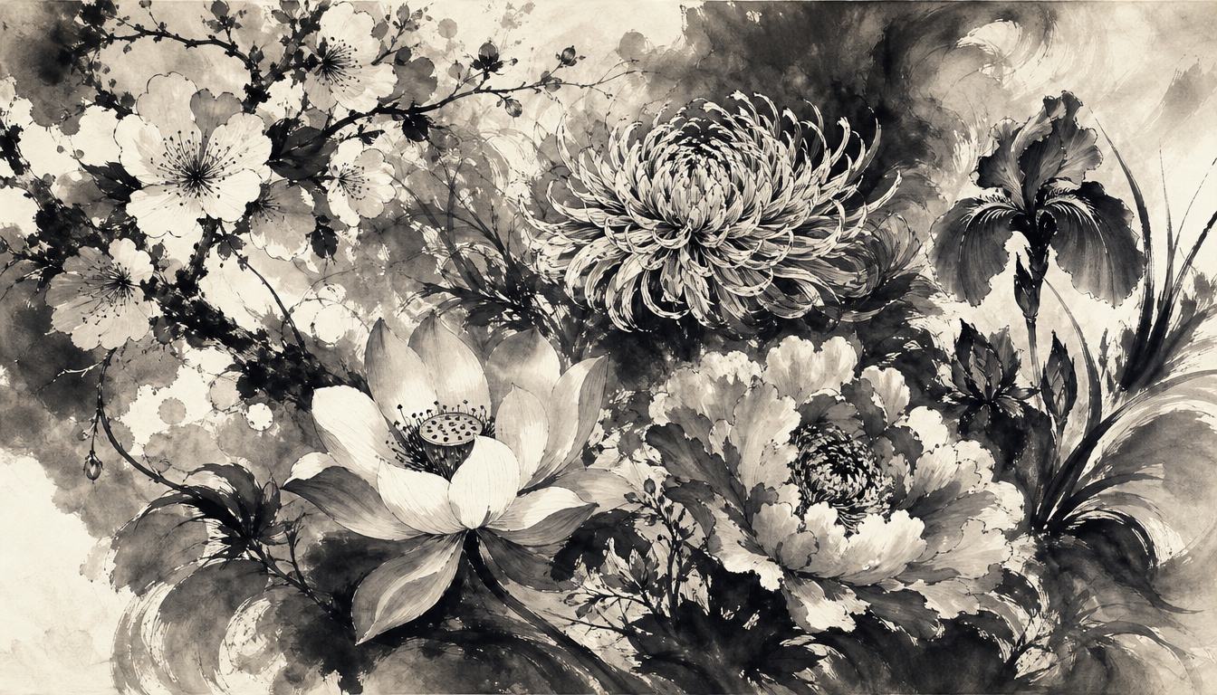 Layered sumi-e bouquet illustrating multiple meanings of kanji hana, flower kanji, and hana meaning