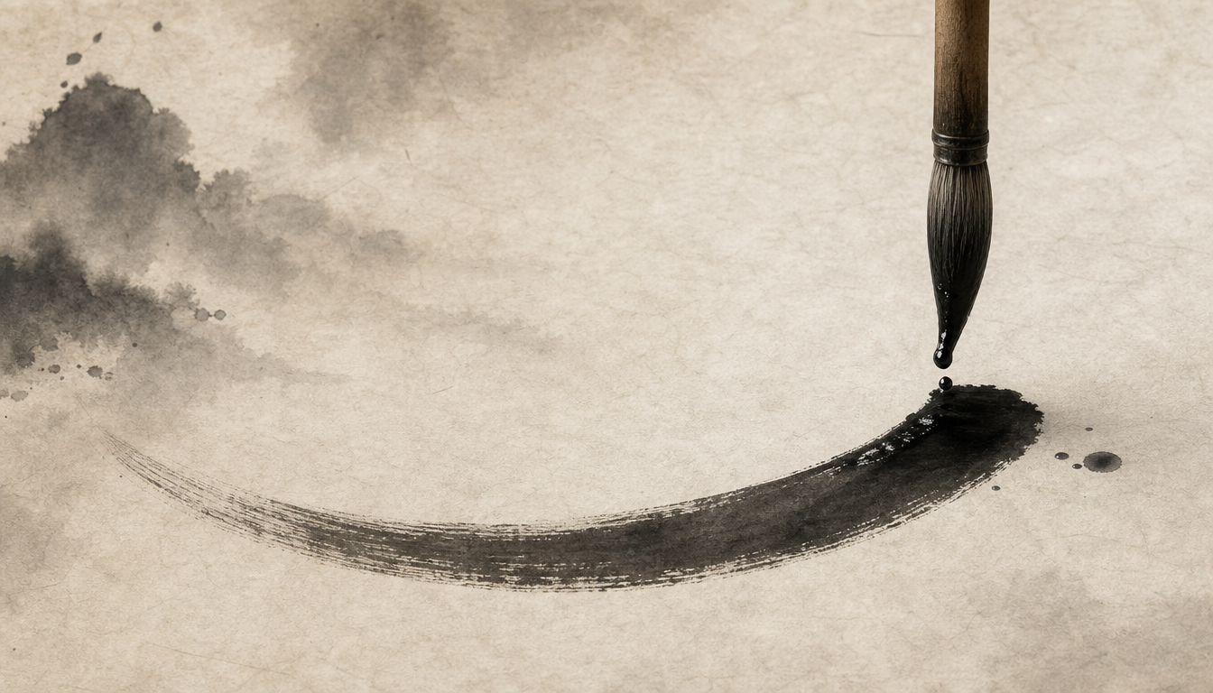 Calligraphy brush forming a stroke for kanji hana, the flower kanji, illustrating hana meaning structure