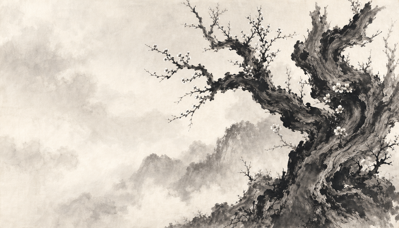 Ancient plum tree in sumi-e illustrating the origin of kanji hana, the flower kanji, and hana meaning