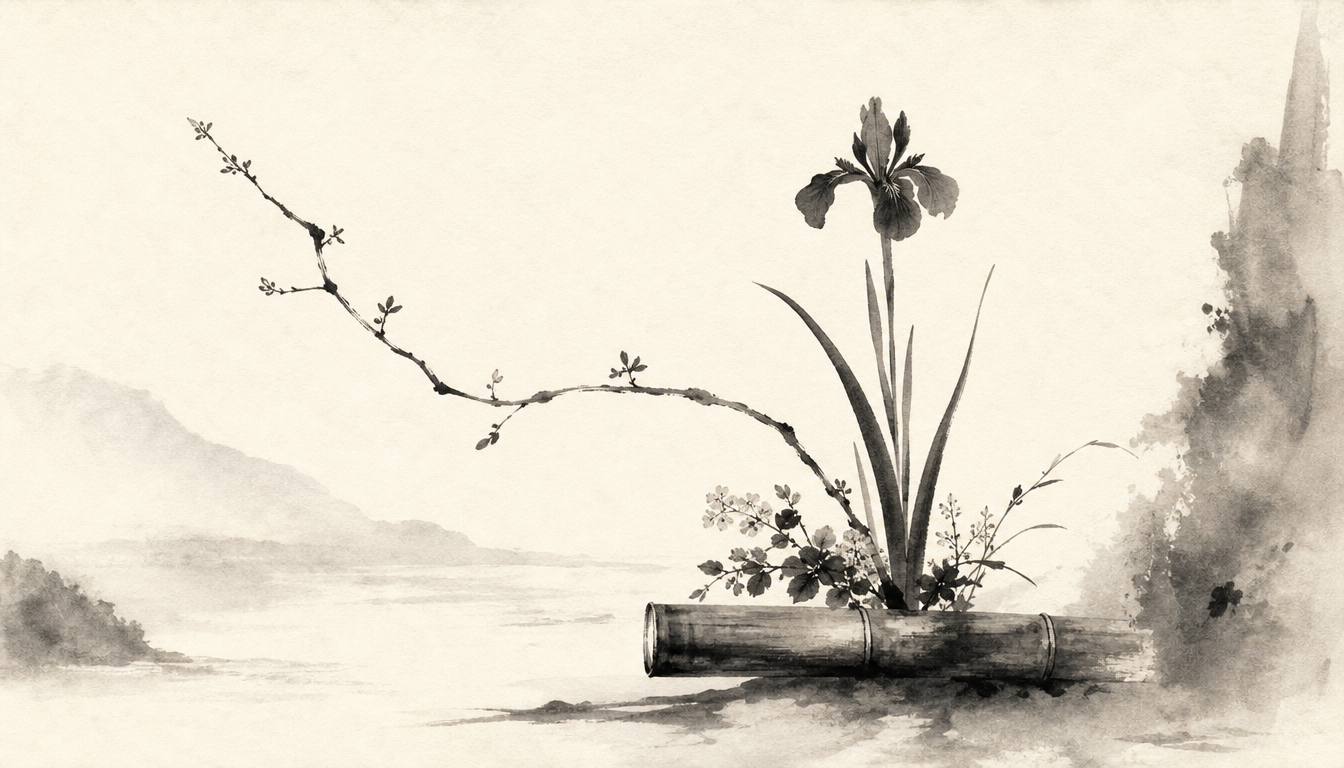 Sumi-e ikebana arrangement representing daily life uses of kanji hana, flower kanji, and hana meaning