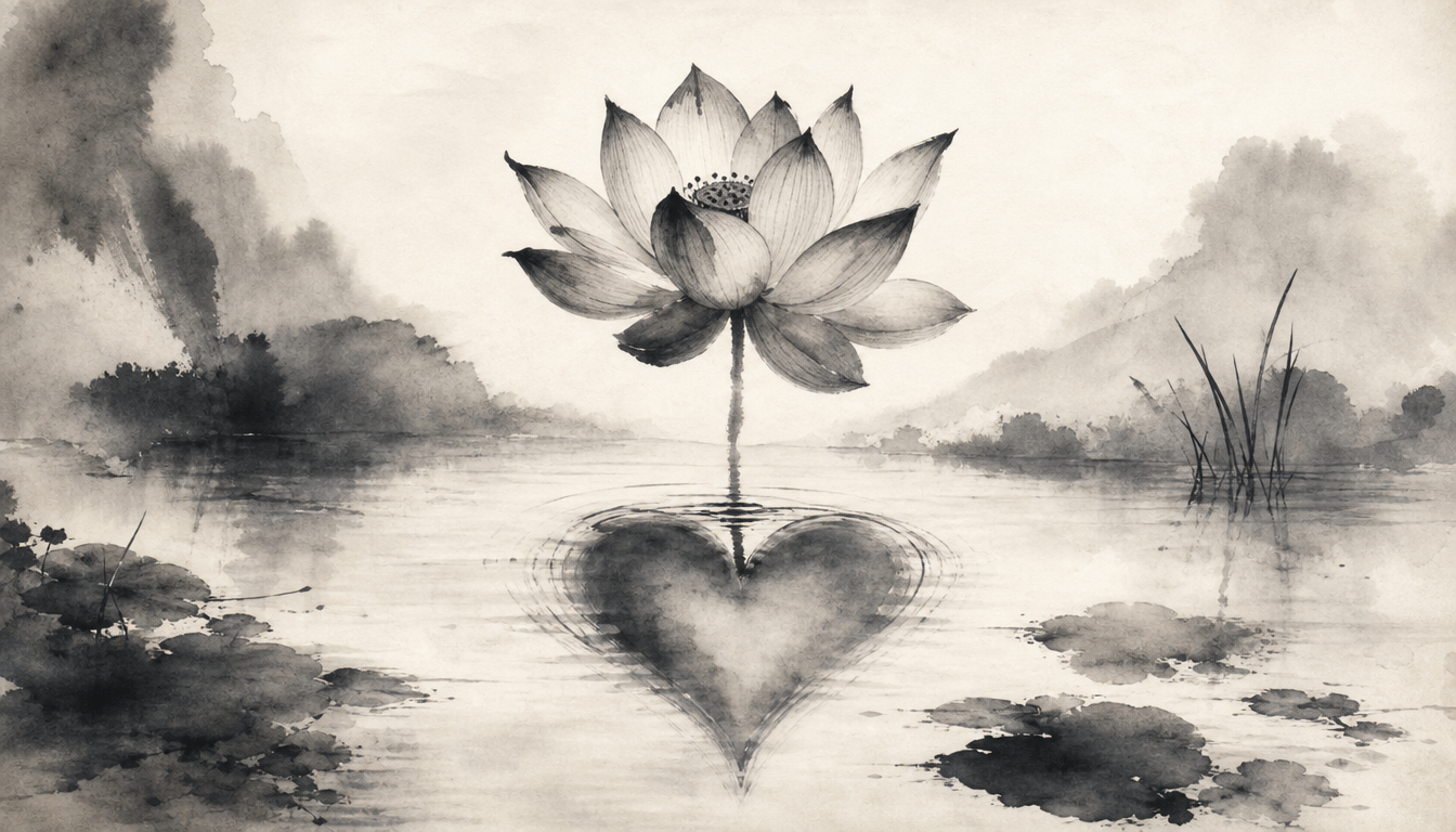Surreal sumi-e lotus reflecting the soul, symbolizing kanji hana, flower kanji, and hana meaning
