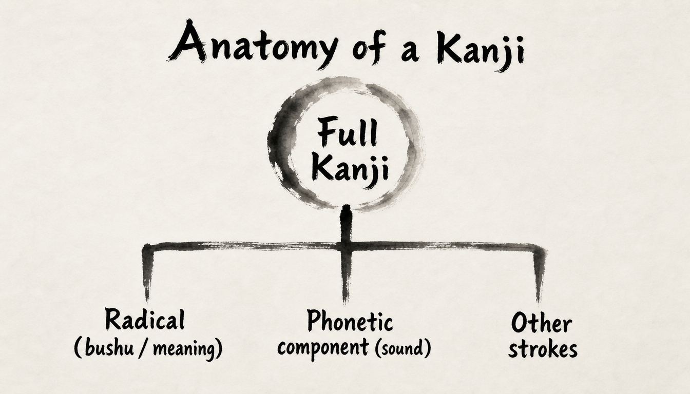 Hierarchy diagram showing how kanji radicals form the meaning component within a full kanji