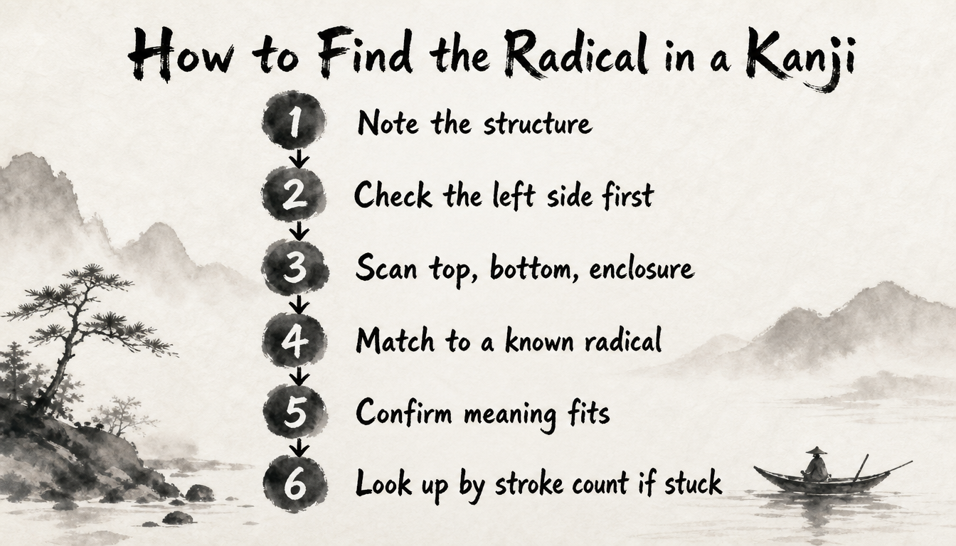 Process diagram showing the steps to find kanji radicals inside an unfamiliar character