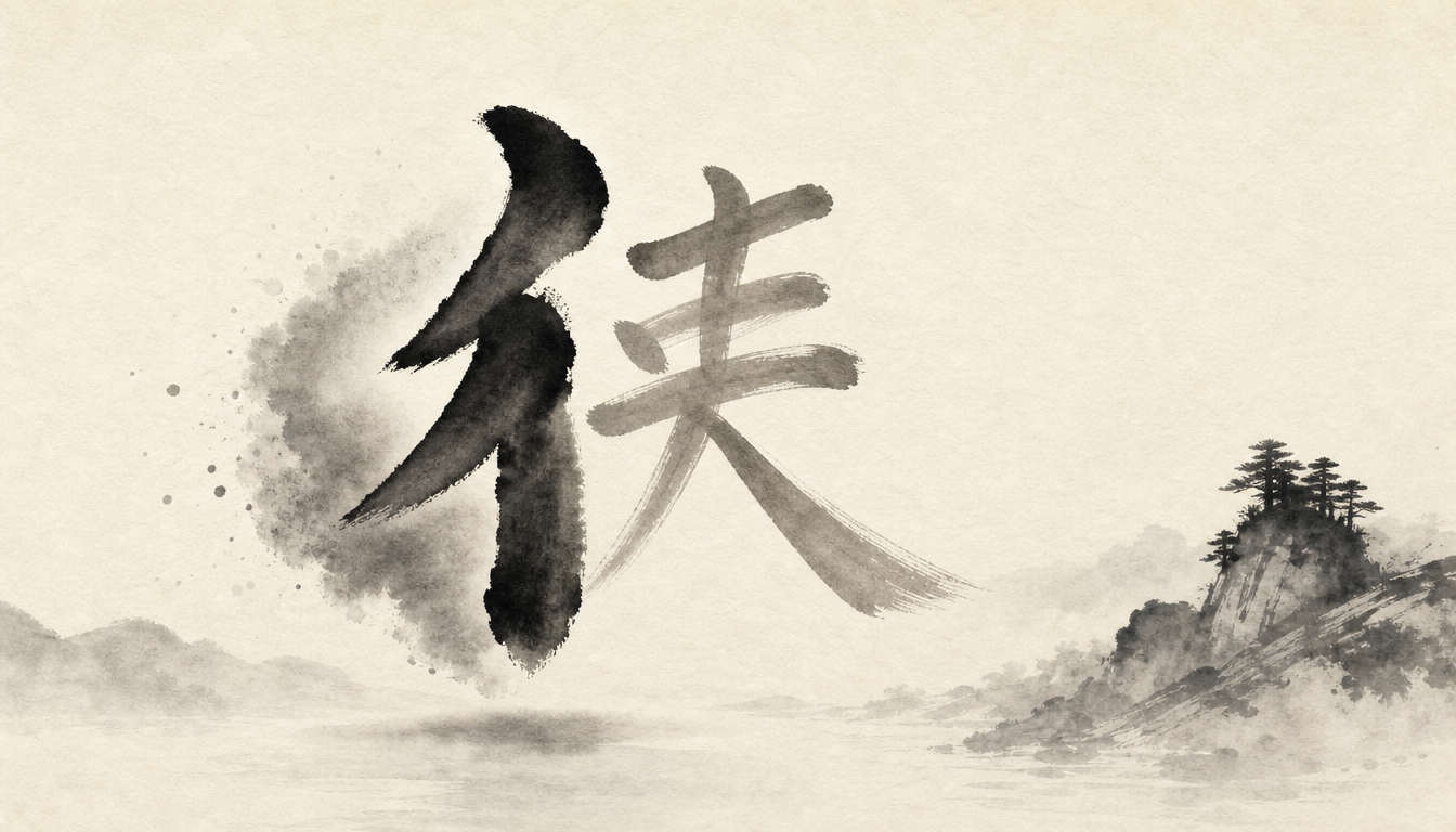 A kanji radical highlighted as the chief component inside a single character in ink wash style