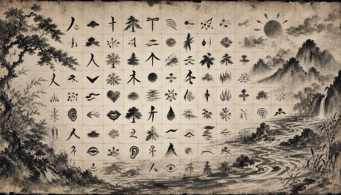 A dense scroll of 214 traditional kanji radicals painted as natural motifs in sumi-e style