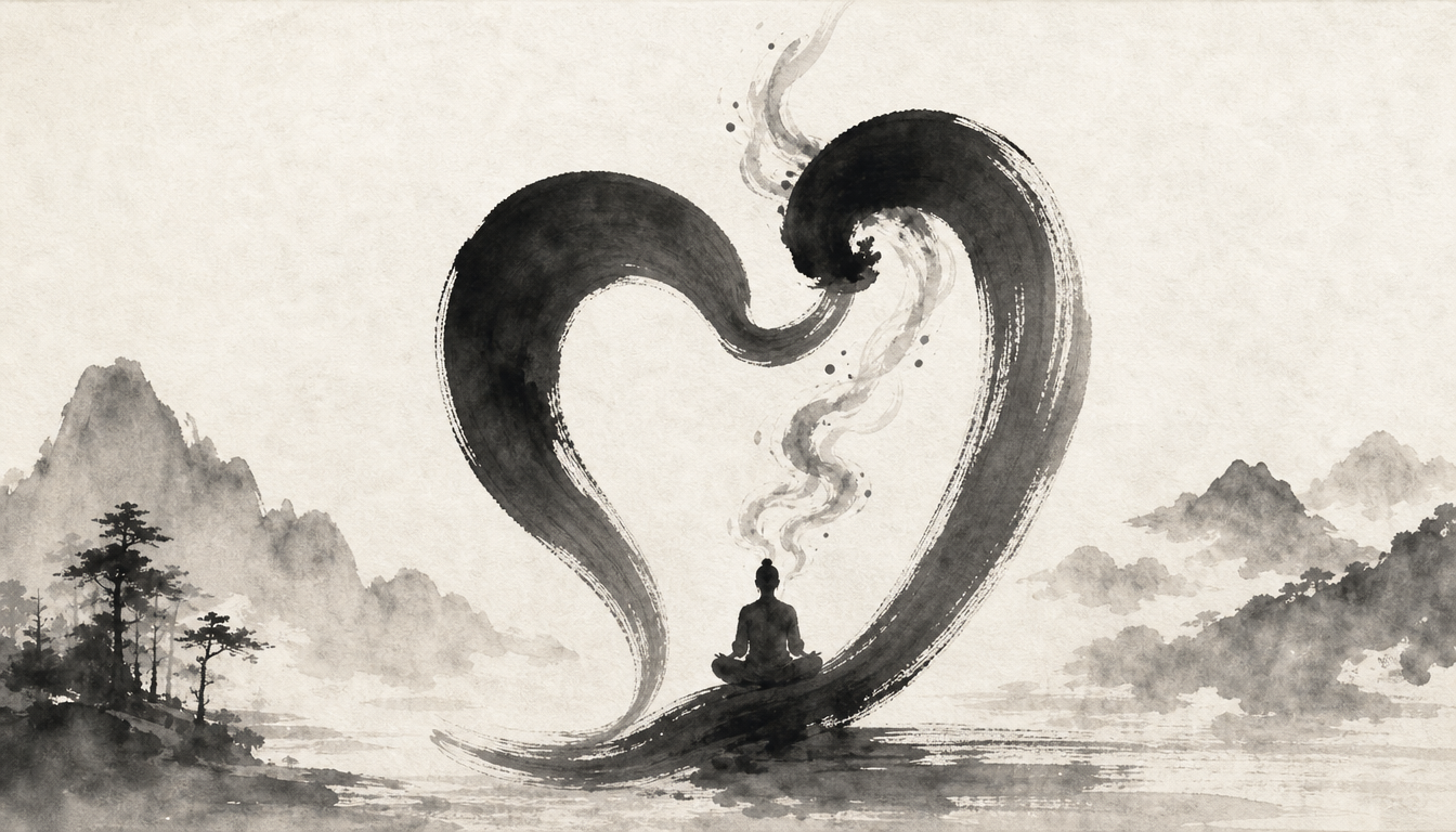 Choosing a kanji by its radical shown as a figure resting inside the heart radical in sumi-e style
