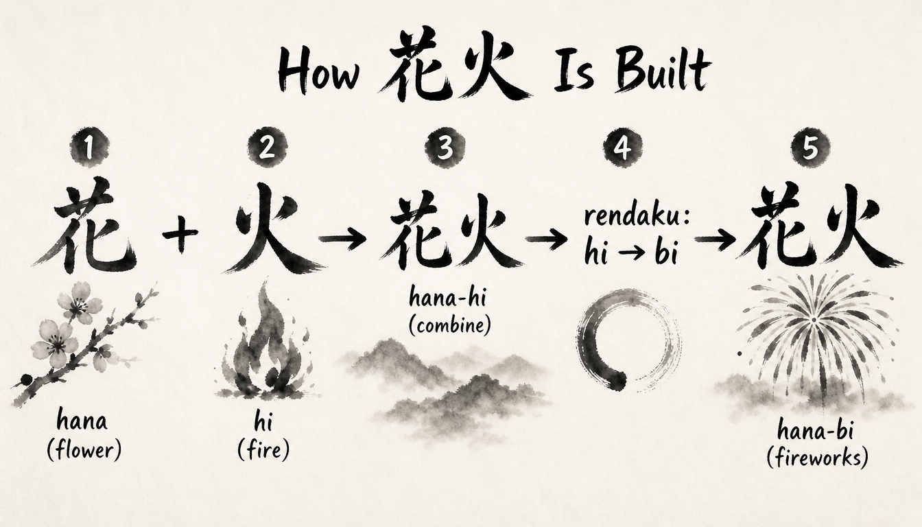 Process diagram showing the kanji hanabi fireworks 花 + 火 combining with rendaku into hanabi