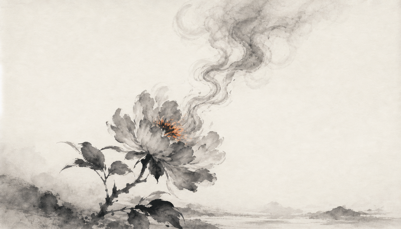 Minimalist sumi-e peony as smoke evoking the kanji hanabi fireworks flower-fire meaning