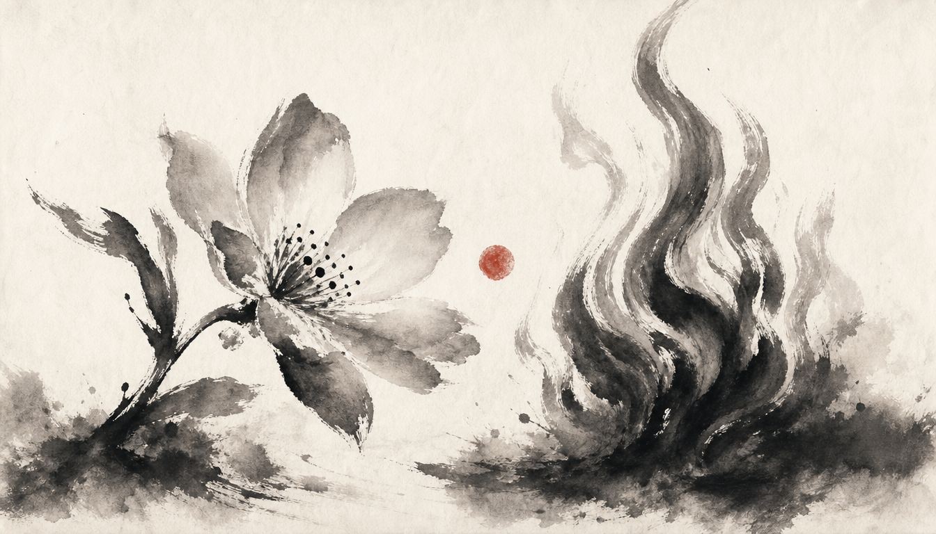 Sumi-e flower and flame meeting to show the kanji hanabi fireworks breakdown of 花 and 火