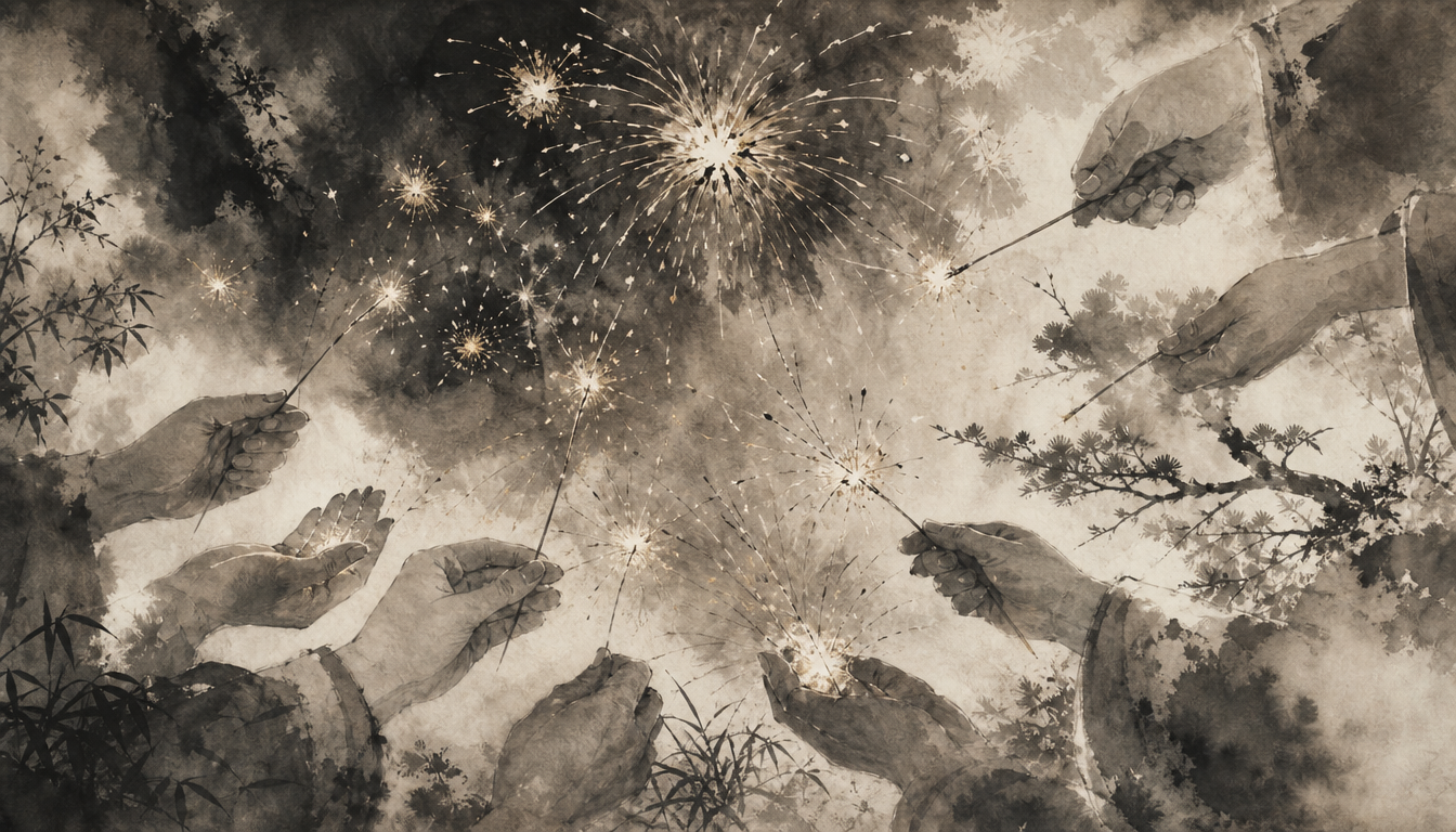 Dense sumi-e of sparklers and bursts showing the three types of kanji hanabi fireworks