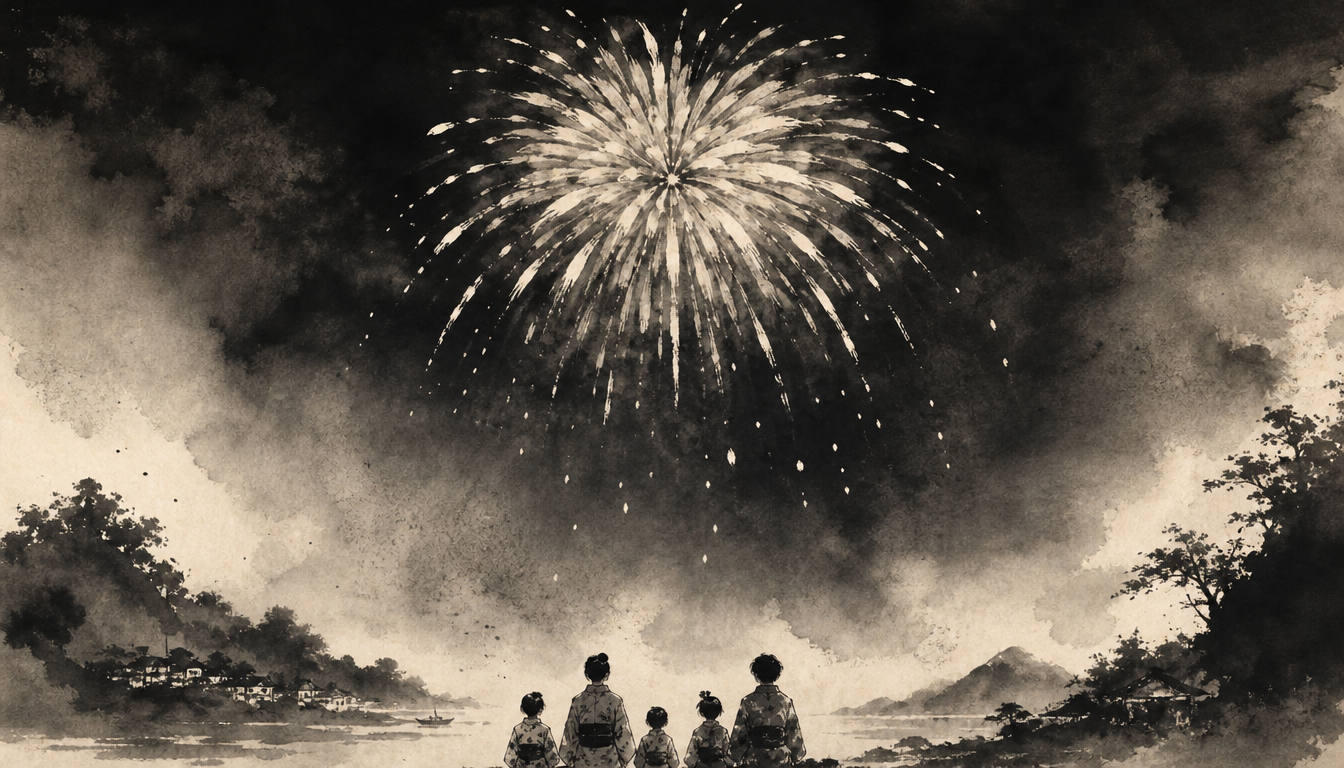 Sumi-e festival firework blooming as a flower illustrating kanji hanabi fireworks summer symbolism