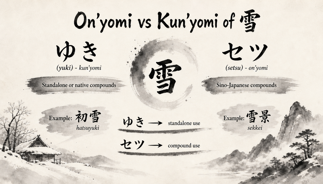 Comparison diagram of on'yomi and kun'yomi readings for kanji yuki snow kanji yuki meaning japanese winter symbol