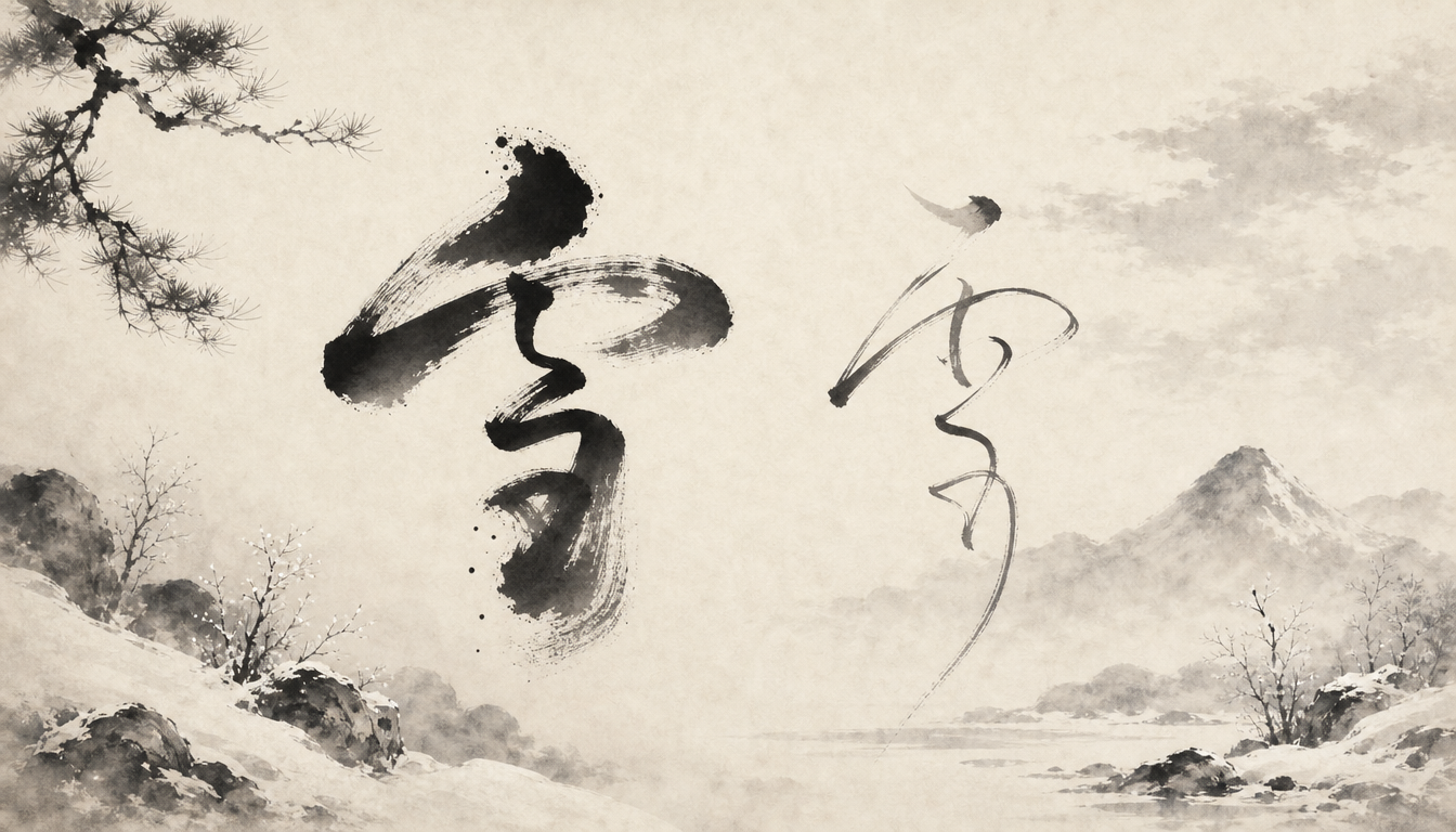 Dual brushstrokes evoking on'yomi and kun'yomi readings of the snow kanji yuki