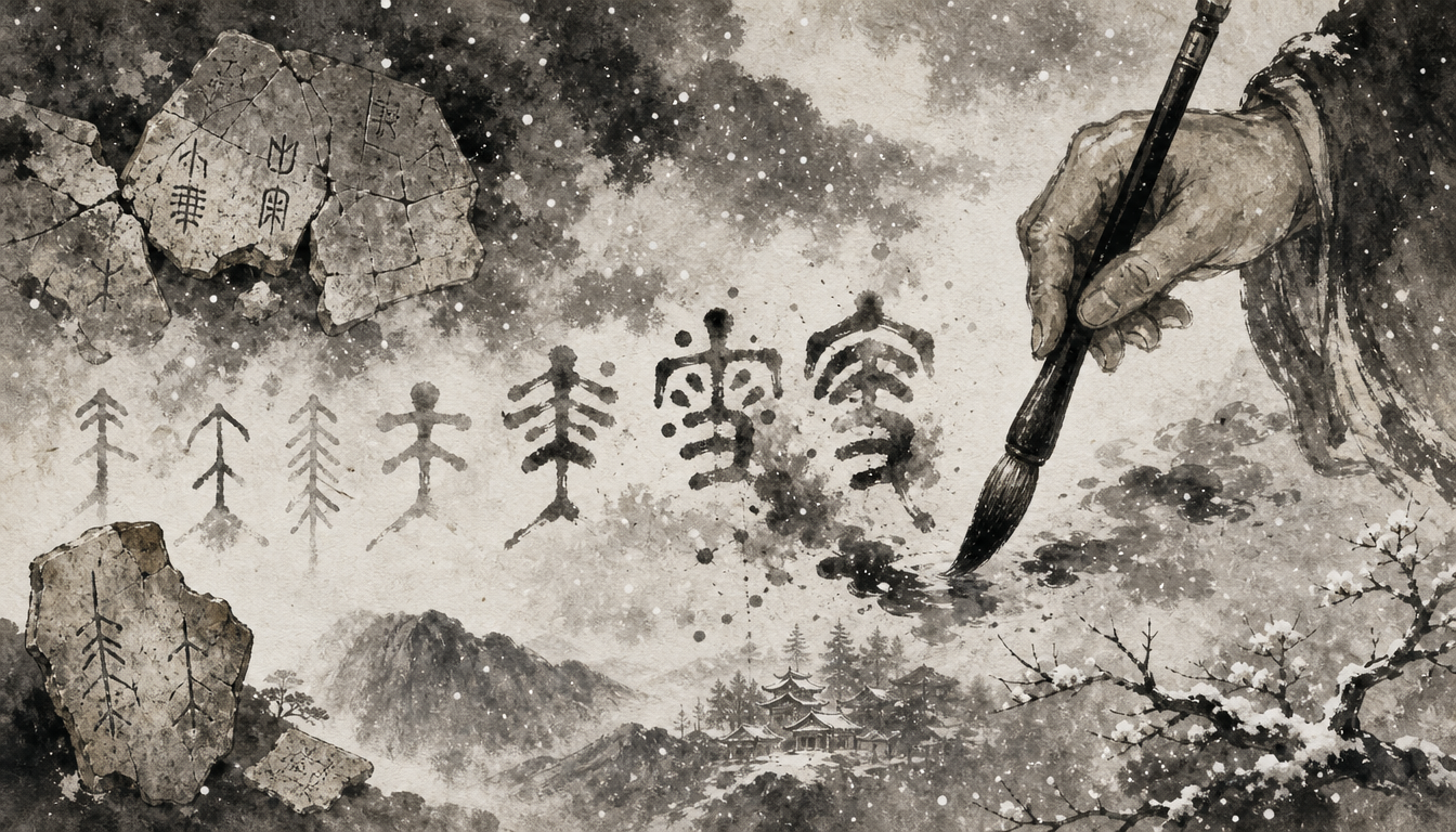 Detailed sumi-e of ancient script origins behind the kanji yuki snow kanji
