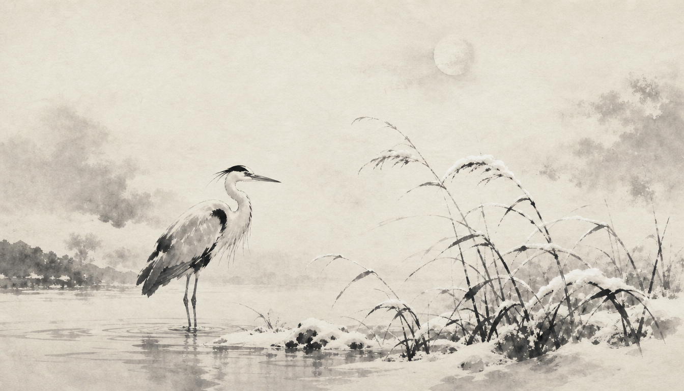 Heron in snow evoking the japanese winter symbol and yuki meaning in classical aesthetics