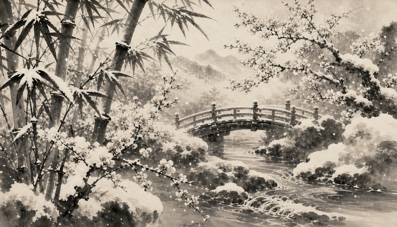 Layered winter motifs in sumi-e illustrating compound words built from the snow kanji yuki