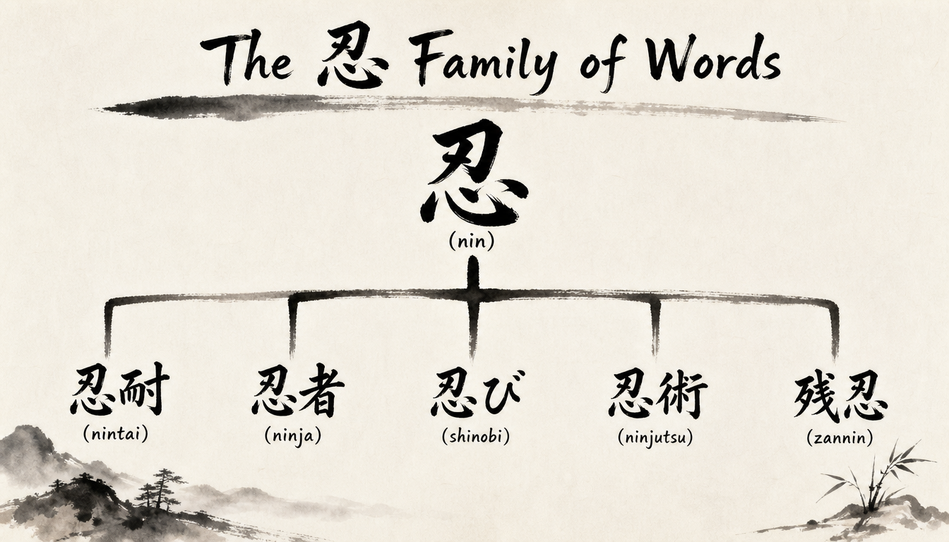 Hierarchy diagram of compounds built from the kanji nin endurance kanji ninja kanji shinobi meaning
