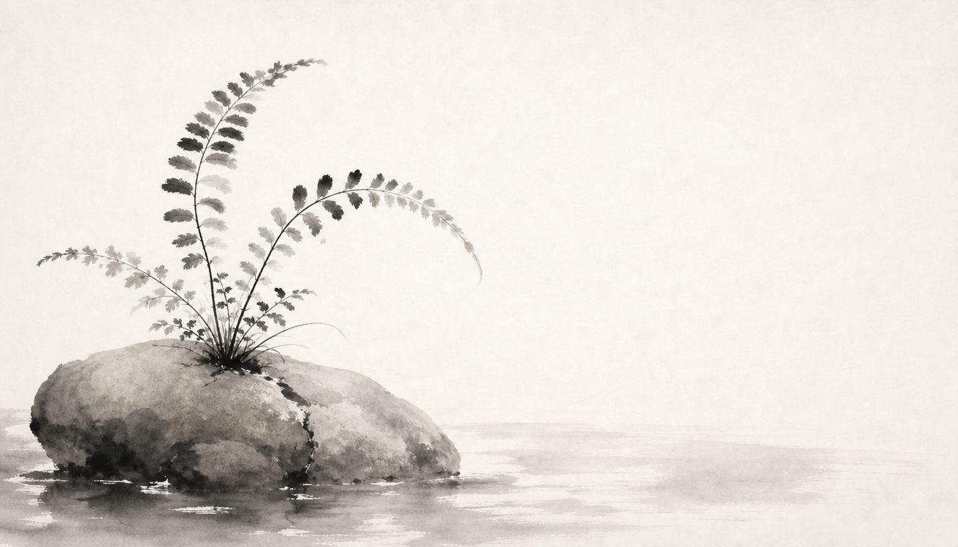 Shinobu fern growing from stone, symbolizing the kanji nin endurance kanji shinobi meaning