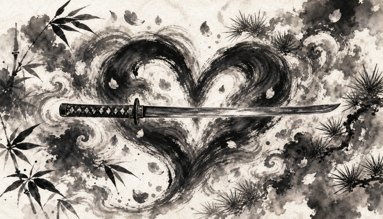 Dense sumi-e illustration of blade and heart depicting the endurance kanji ninja kanji shinobi meaning