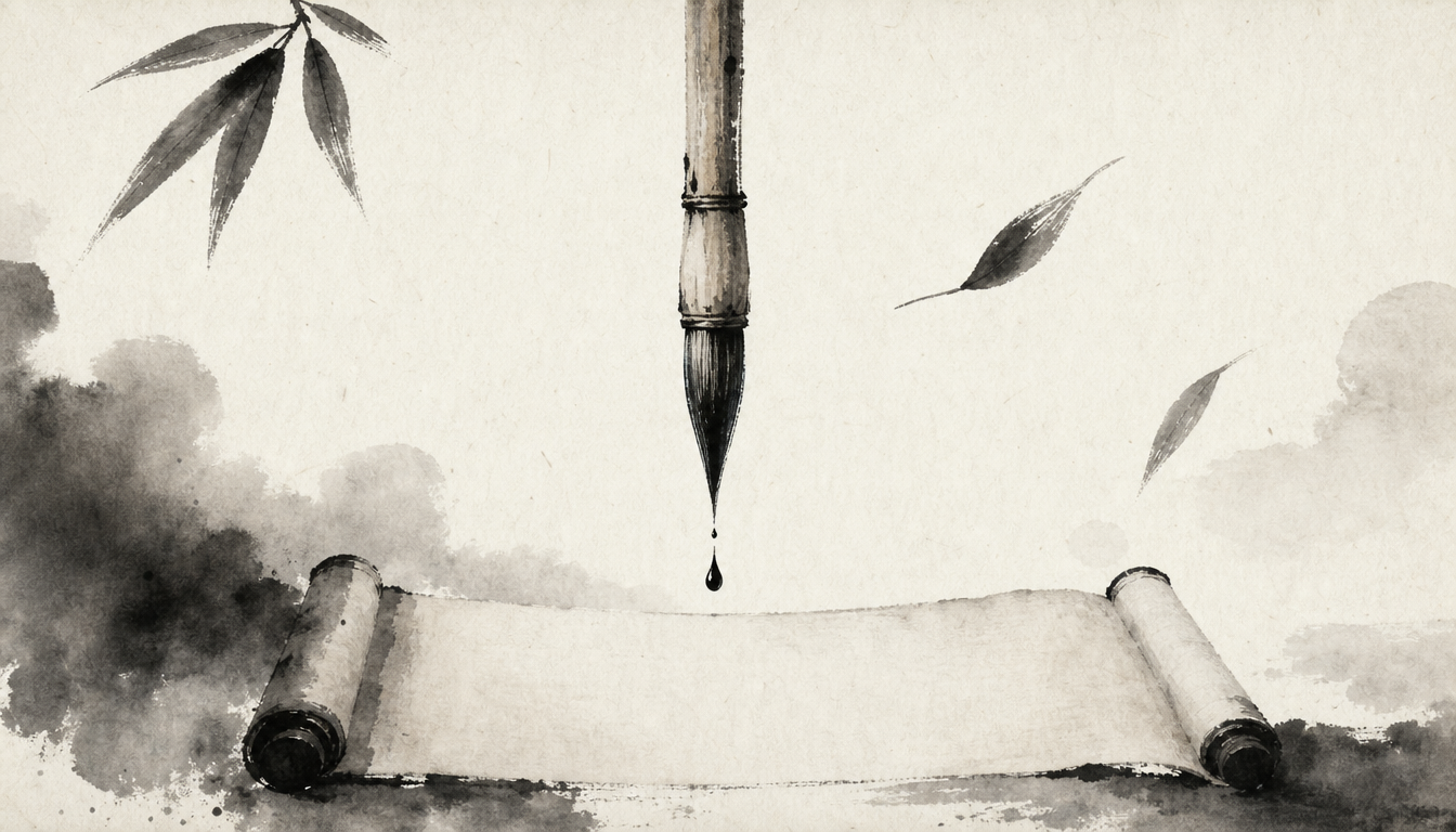 Calligraphy brush dropping ink onto a scroll, symbolizing readings of the kanji nin endurance kanji