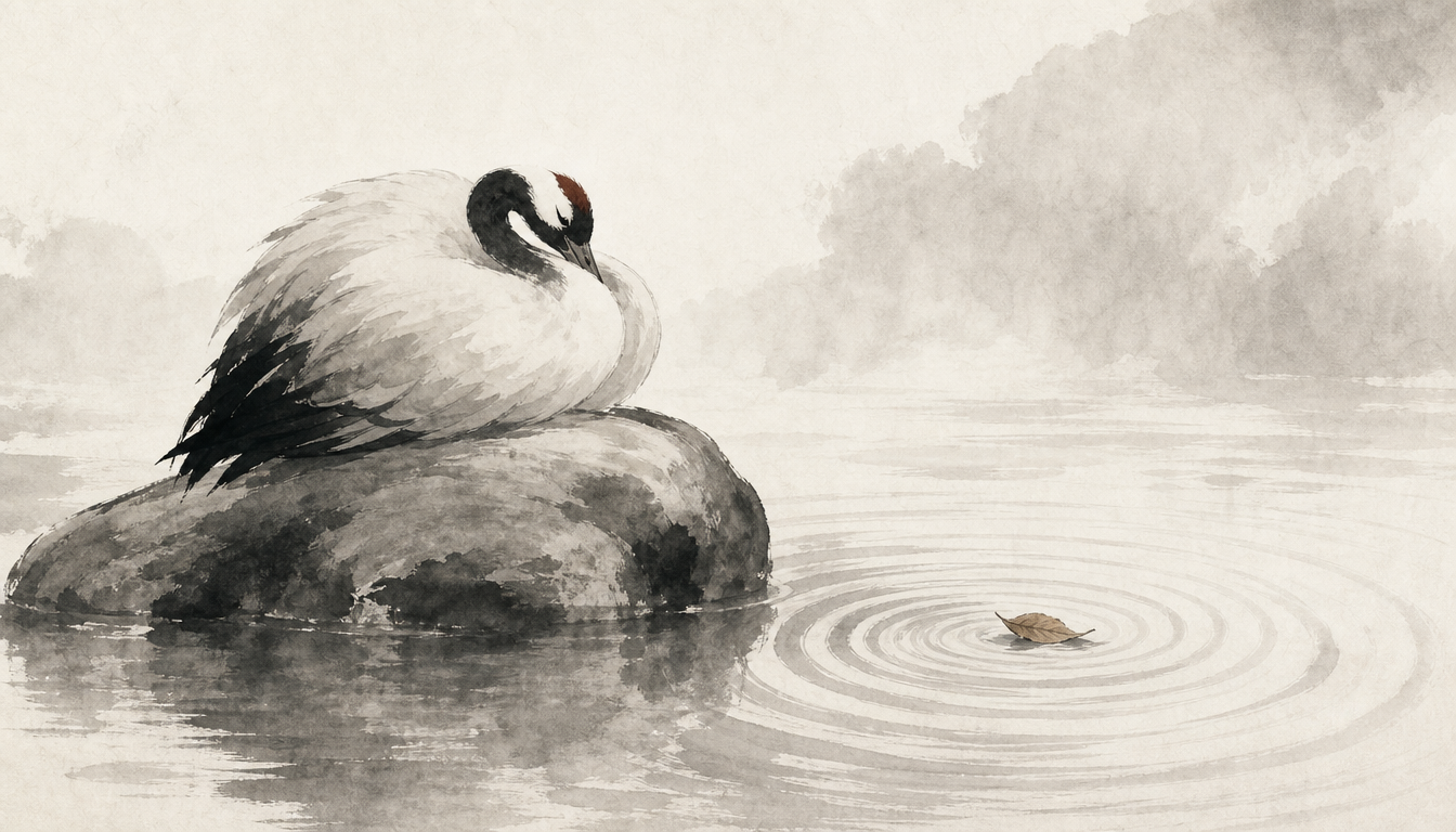Composed crane by still water representing living the kanji nin endurance kanji shinobi meaning today