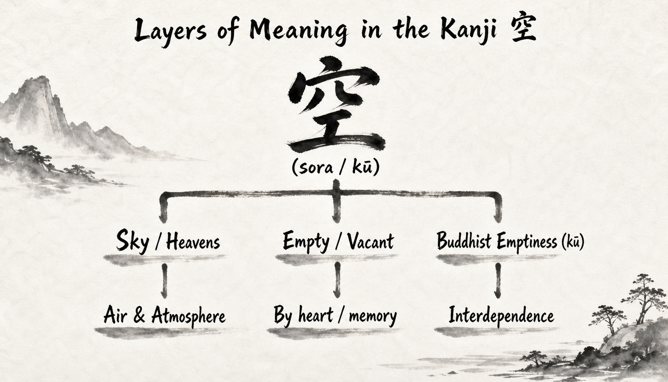 Hierarchy diagram of kanji sora meanings including sky kanji and sora meaning layers