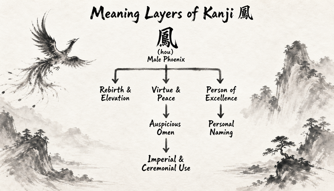 Hierarchy diagram of kanji hou phoenix kanji meaning branches including rebirth and virtue