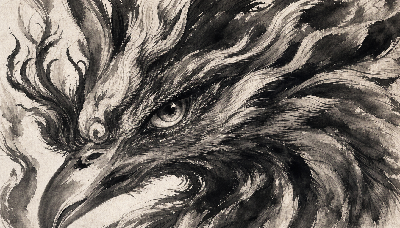 Detailed sumi-e phoenix kanji hou meaning symbol of excellence and virtue