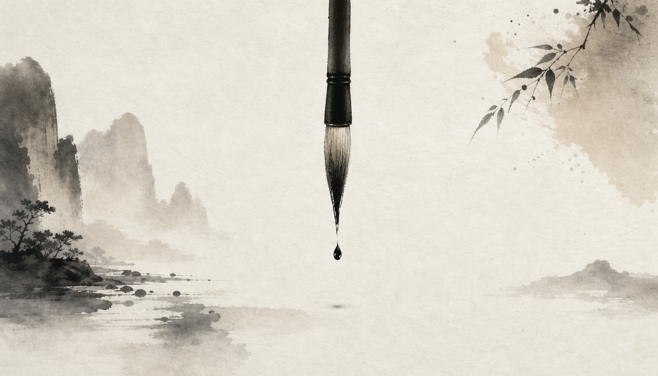 Calligraphy brush poised to write kanji hou phoenix kanji stroke order