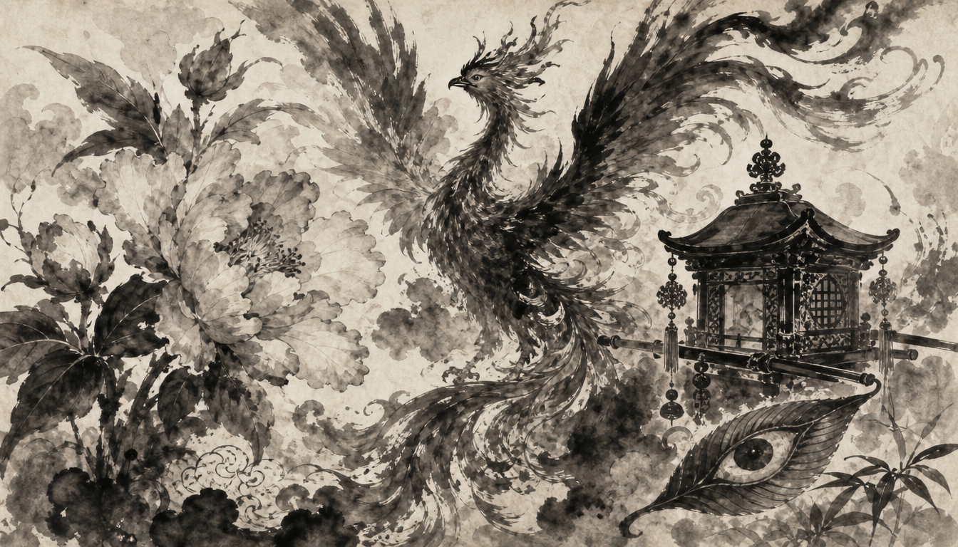 Sumi-e compounds surrounding kanji hou phoenix kanji including balsam and palanquin motifs